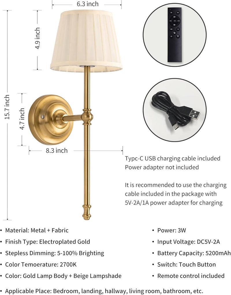 KDG Cordless Wall Sconces Set of 2, Small Wireless 5200mAh Rechargeable Battery Fabric LED Wall Lamps, Portables Lightings for Wall Painting, Living Room, Bedroom, Hallway, Gifts, Night Light (Gold) - Image 5